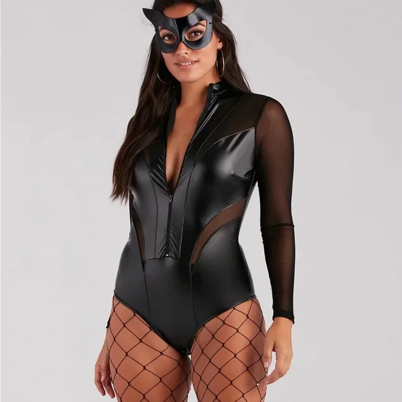 NEW NWT Windsor Black Mesh Sleeve Bodysuit Halloween cop cat motorcycle costume - Picture 4 of 10